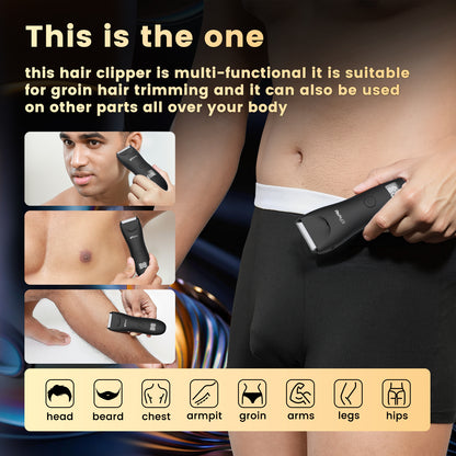 Men's Body Trimmer – Black Waterproof, Ceramic Blade For Groin & Body, LED Light, LCD Display & Dock