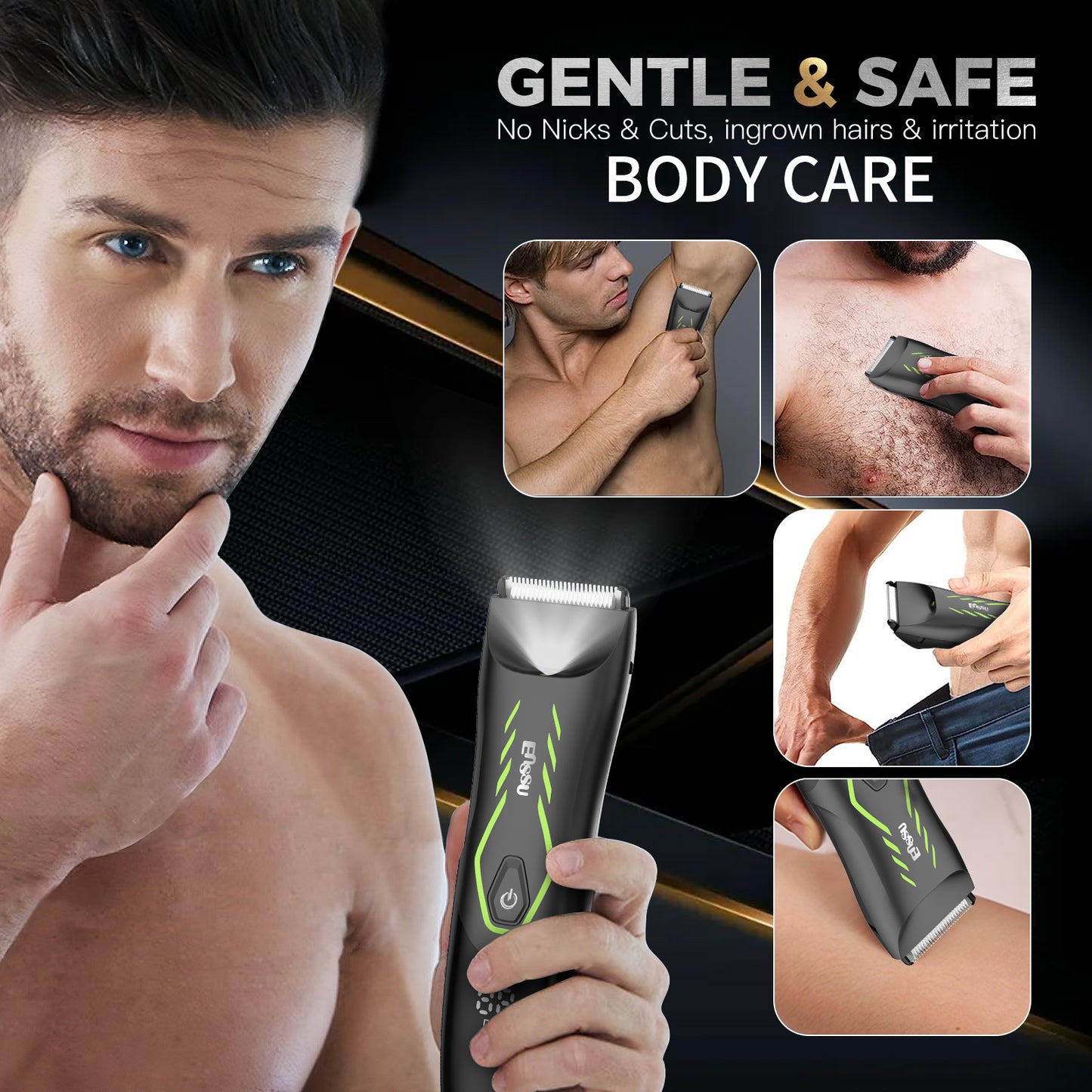 Men’s Body Trimmer – Safe Cut-Preventing Blade, IPX7 Waterproof, LED Spotlight, LCD Display & Charging Dock – Green