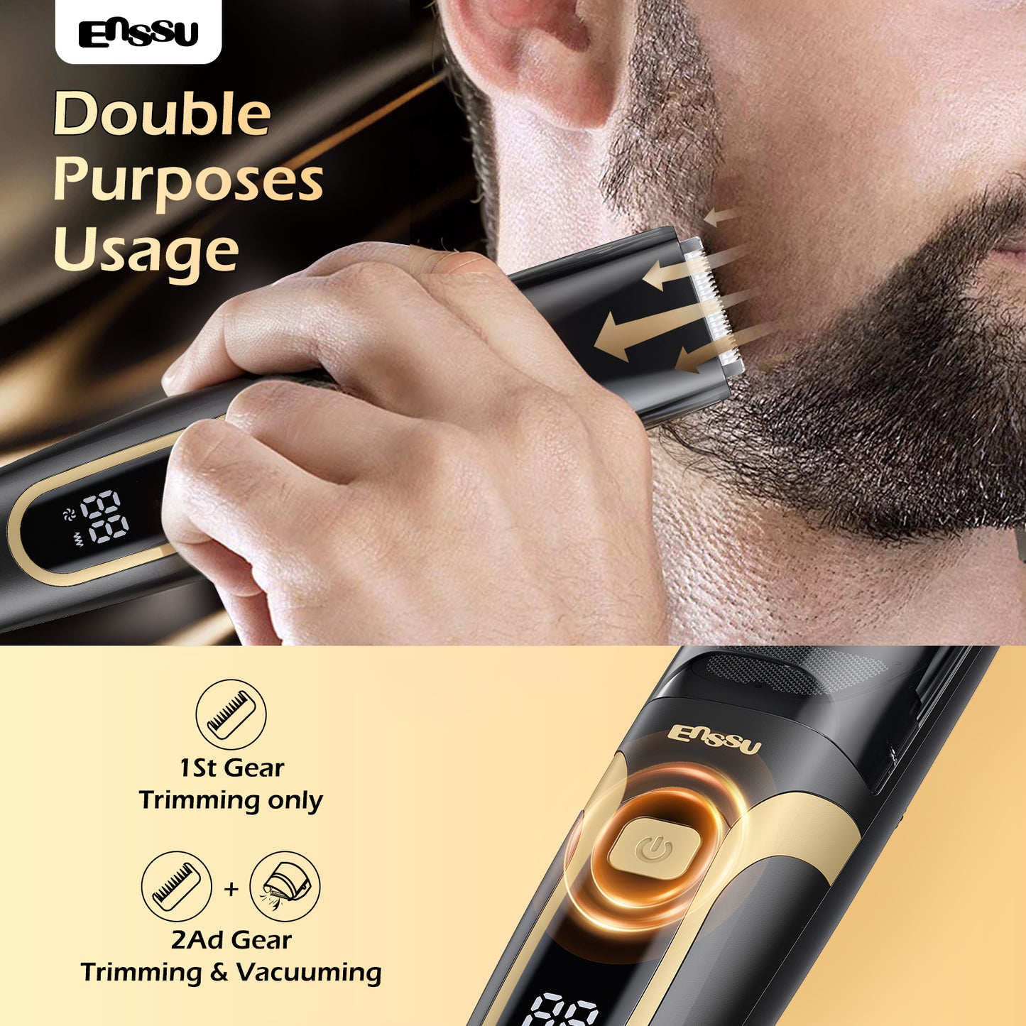 Vacuum Beard Trimmer – Yellow, 1-20mm Combs, LCD Display, IPX7 Waterproof